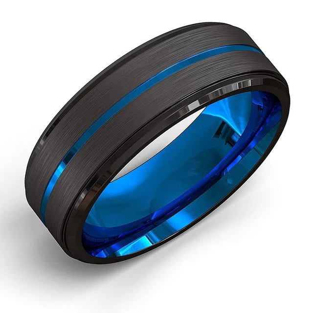 FDLK  Men's fashion 8MM Black Brushed Ladder Edge Stainless Steel Ring Blue Groove Men Wedding Ring Gifts For Men