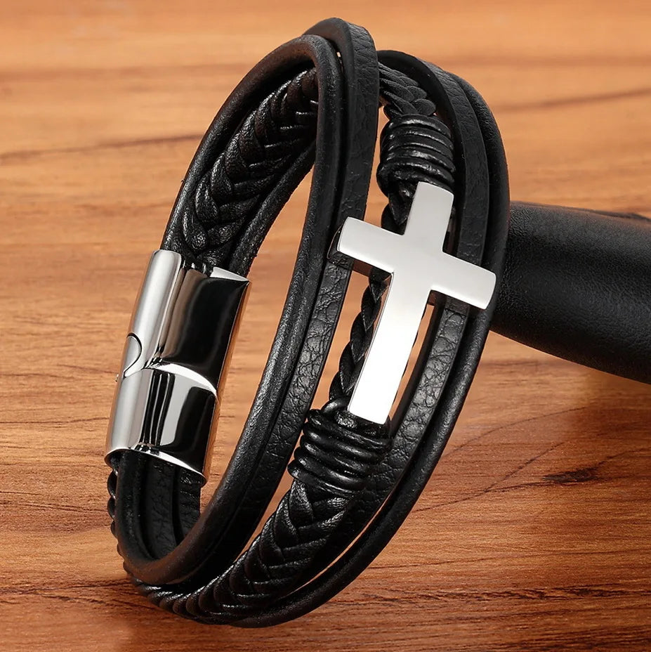 Cross Style Multi Layer Design Stainless Steel Fashion Men's Leather Bracelet Classic Gift For Men 5 Different Styles Choose