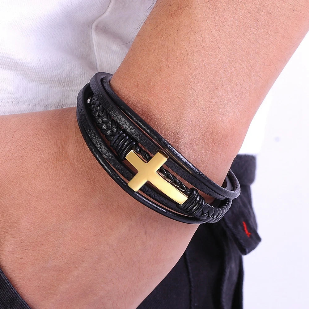 Cross Style Multi Layer Design Stainless Steel Fashion Men's Leather Bracelet Classic Gift For Men 5 Different Styles Choose