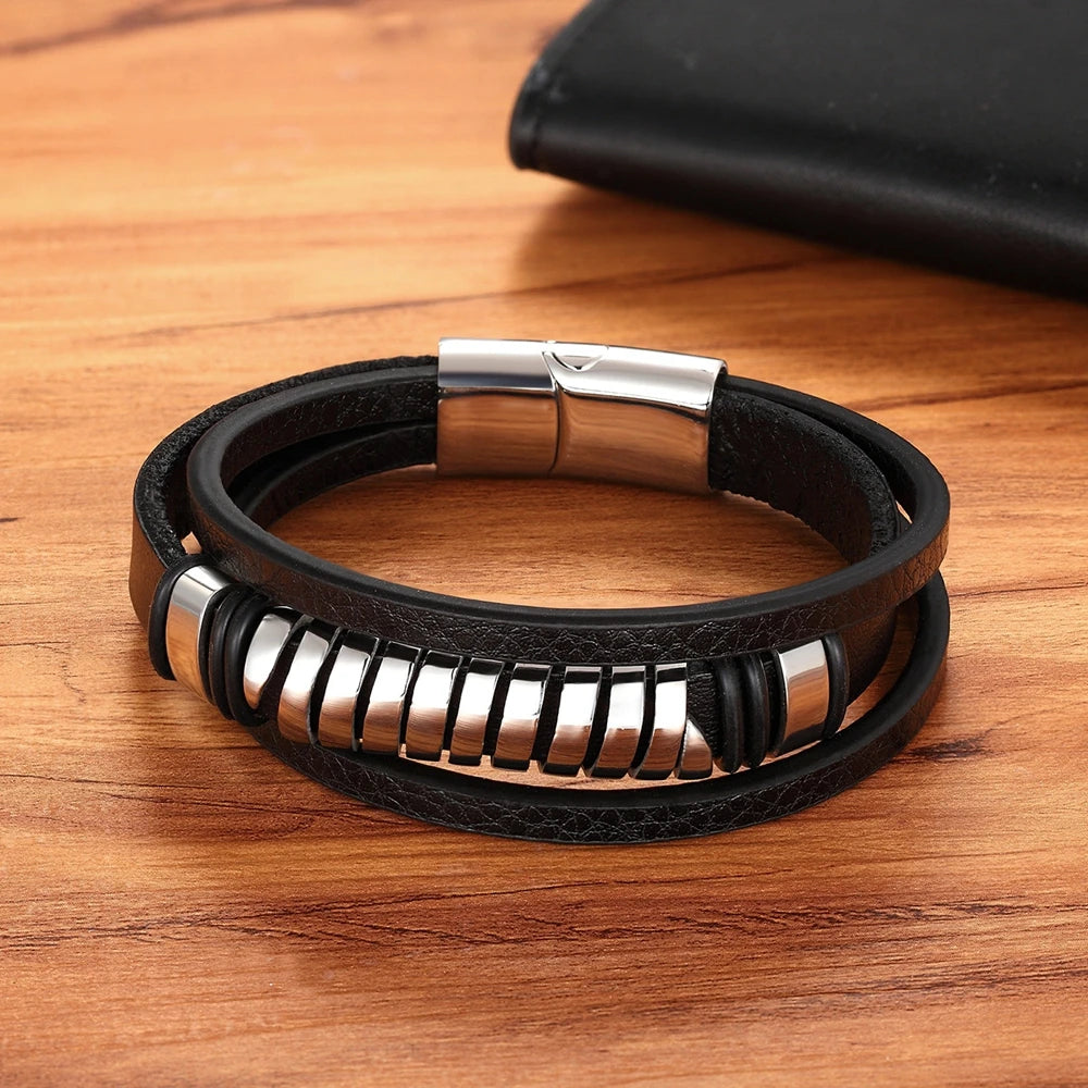 Cross Style Multi Layer Design Stainless Steel Fashion Men's Leather Bracelet Classic Gift For Men 5 Different Styles Choose