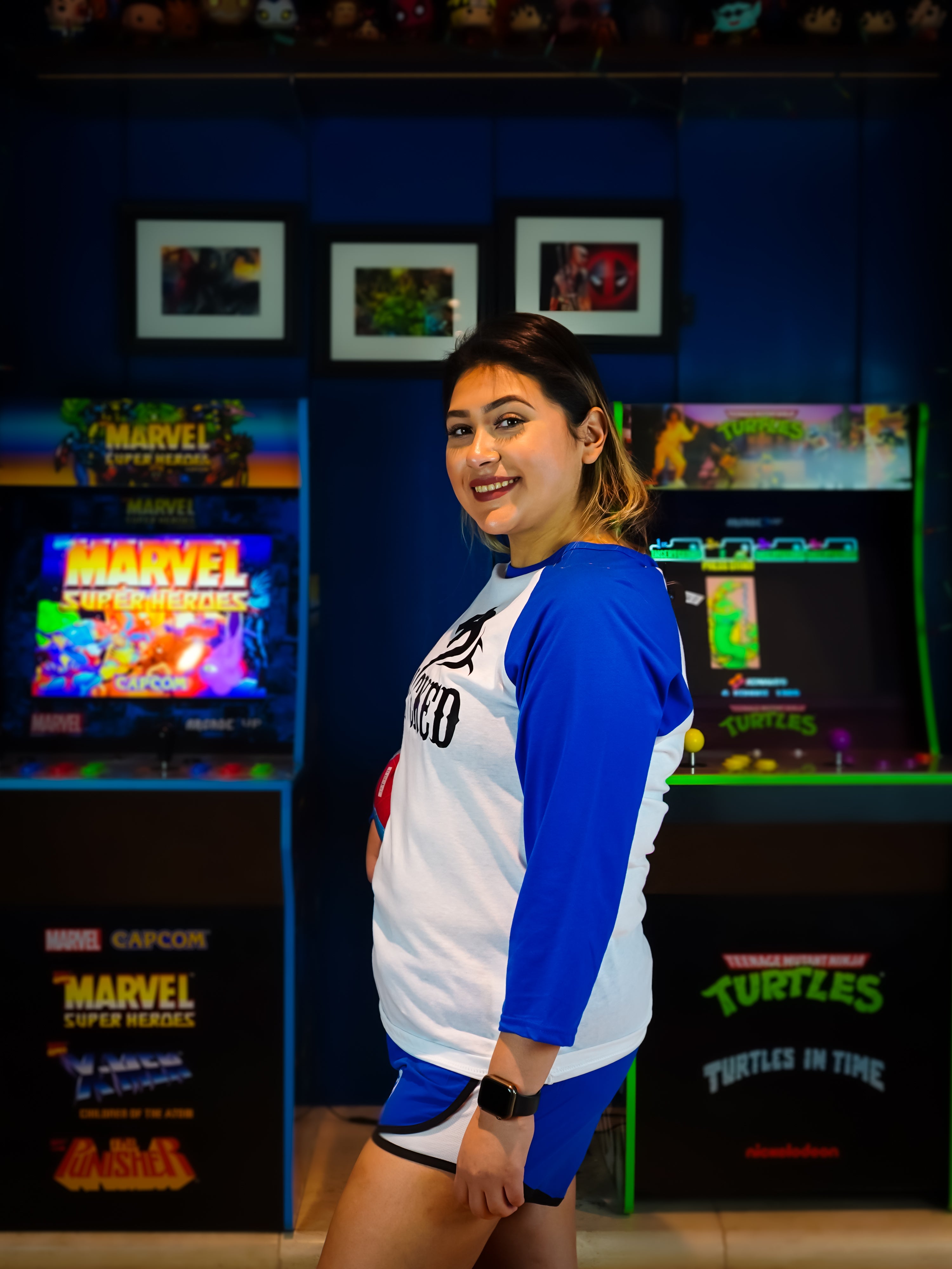 BaseBall Tee Women's Blue Sleeve White