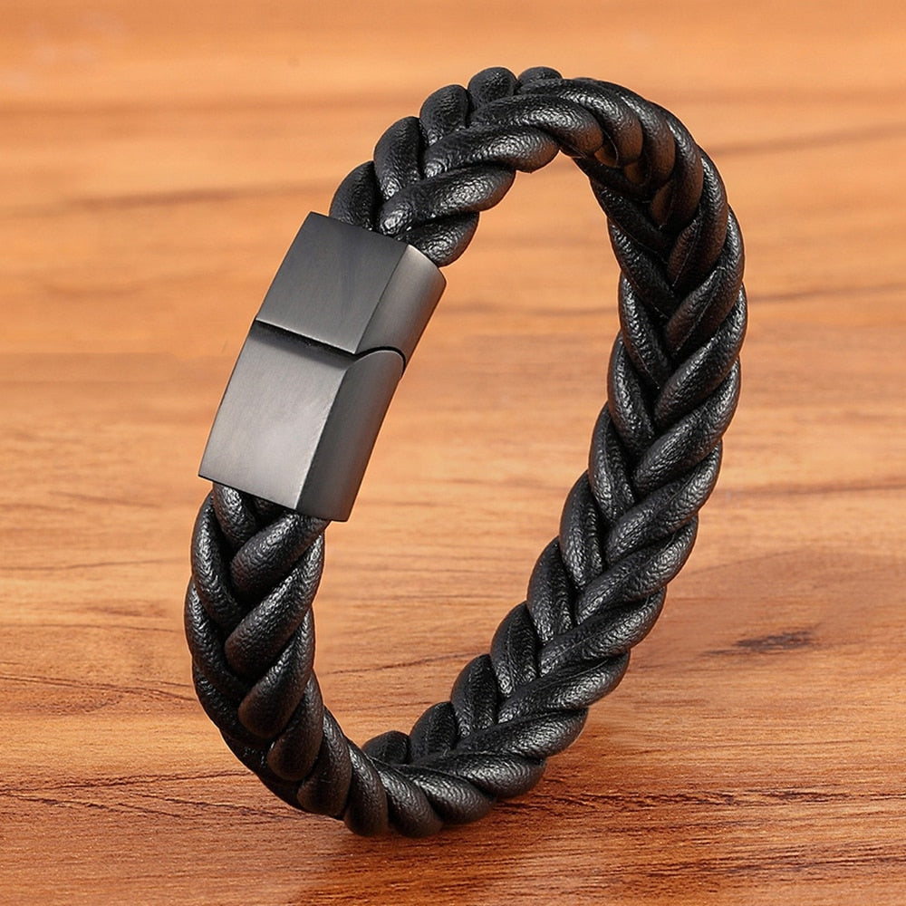 Stainless Steel Leather Men's Bracelet Multi-color Magnetic Buckle