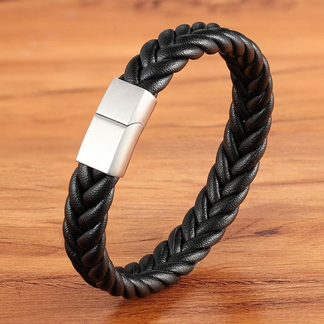 Stainless Steel Leather Men's Bracelet Multi-color Magnetic Buckle