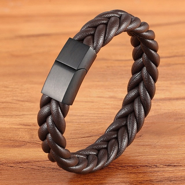 Stainless Steel Leather Men's Bracelet Multi-color Magnetic Buckle