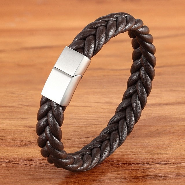 Stainless Steel Leather Men's Bracelet Multi-color Magnetic Buckle