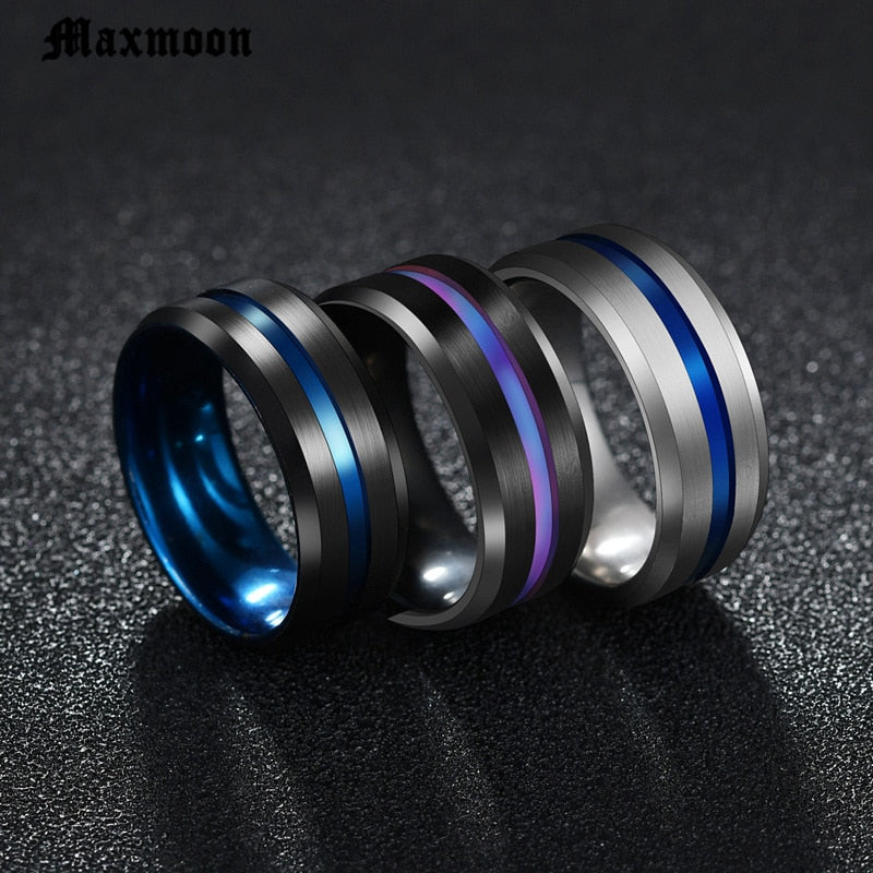 Groove Rings Black Blue Stainless Steel Men's