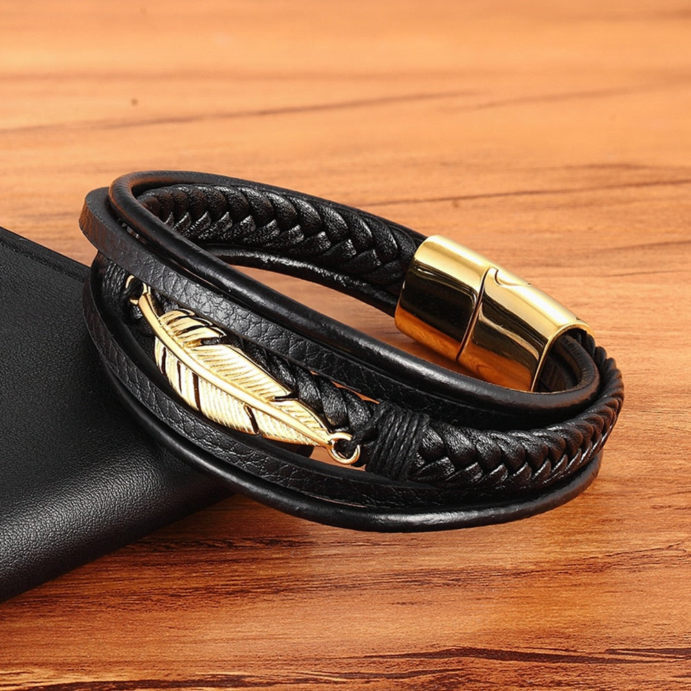 Leather Feather Shape Men's Bracelet Stainless Steel