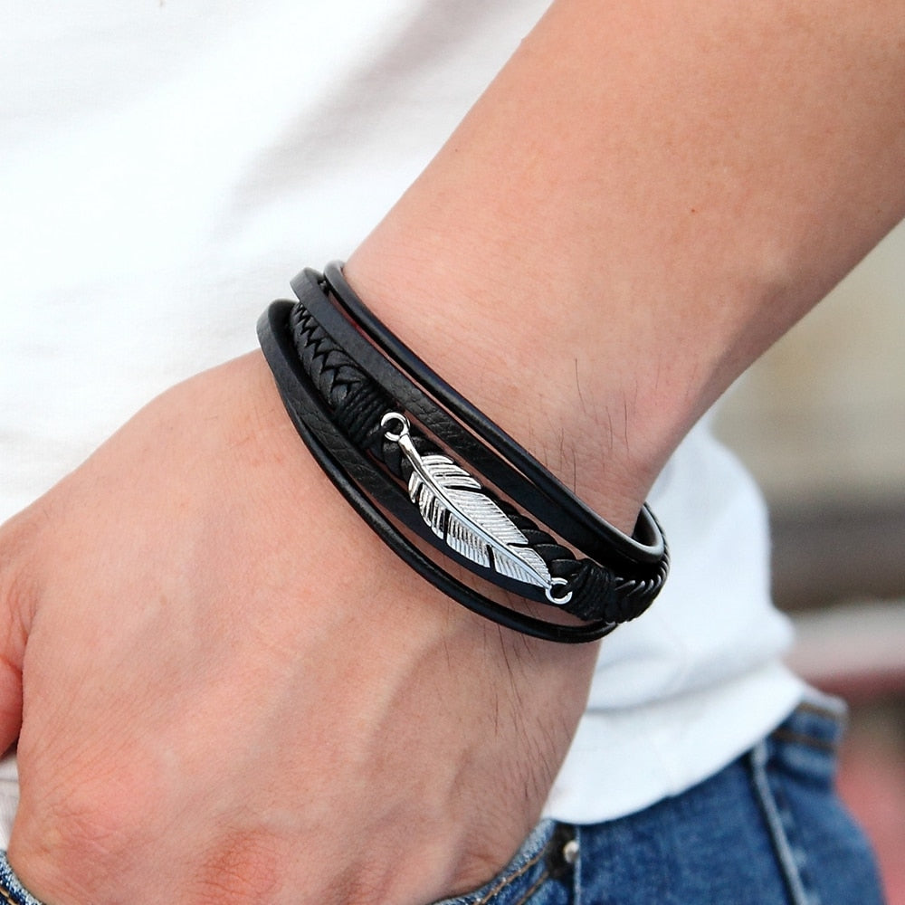 Leather Feather Shape Men's Bracelet Stainless Steel