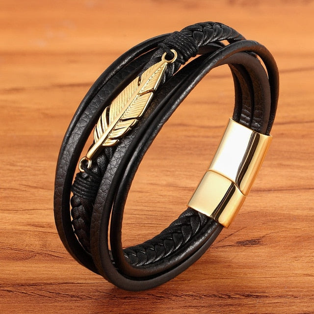 Leather Feather Shape Men's Bracelet Stainless Steel