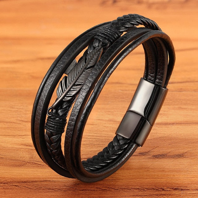 Leather Feather Shape Men's Bracelet Stainless Steel