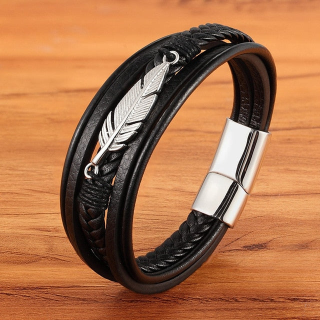 Leather Feather Shape Men's Bracelet Stainless Steel