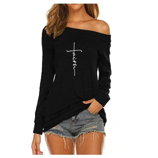 FAITH T-Shirt For Women Long Sleeve Off-The-Shoulder