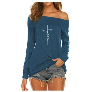 FAITH T-Shirt For Women Long Sleeve Off-The-Shoulder