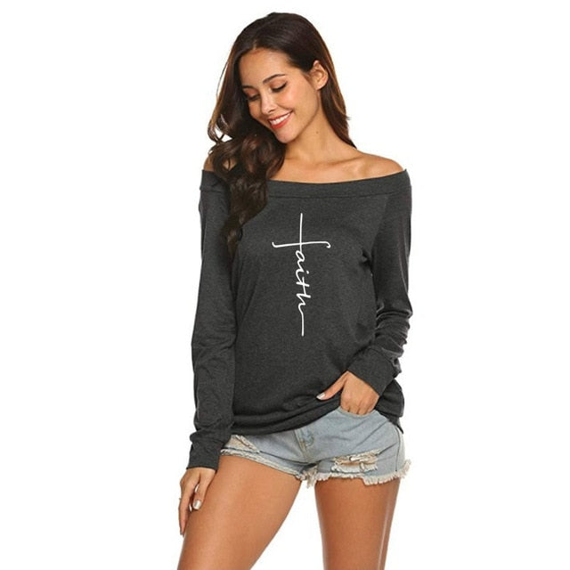 FAITH T-Shirt For Women Long Sleeve Off-The-Shoulder