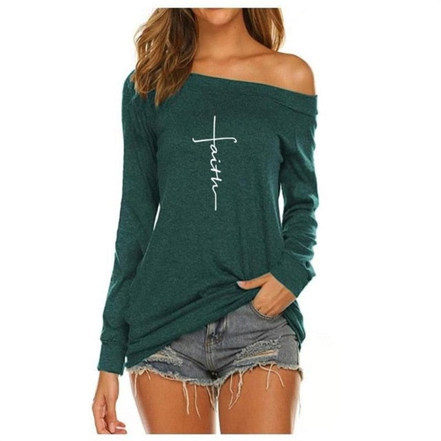 FAITH T-Shirt For Women Long Sleeve Off-The-Shoulder