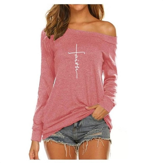 FAITH T-Shirt For Women Long Sleeve Off-The-Shoulder