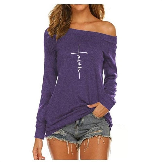 FAITH T-Shirt For Women Long Sleeve Off-The-Shoulder