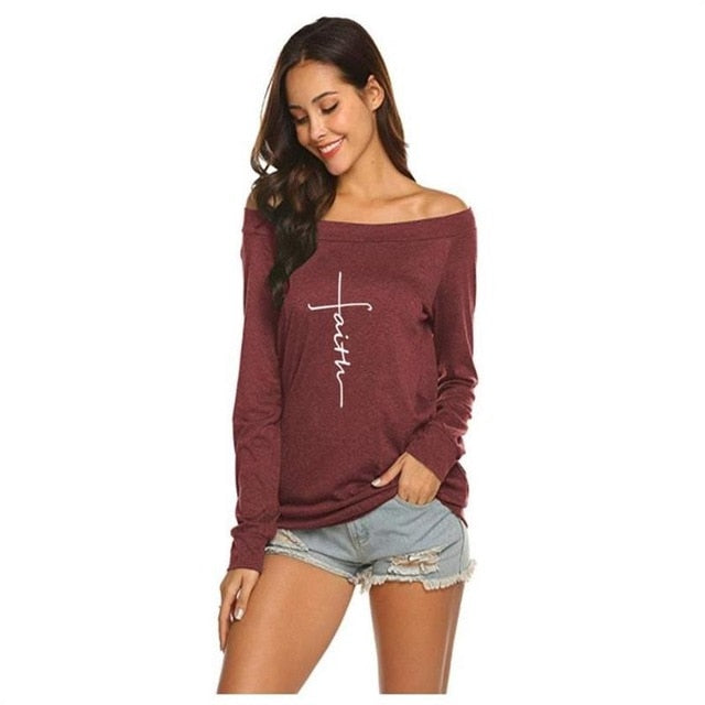 FAITH T-Shirt For Women Long Sleeve Off-The-Shoulder