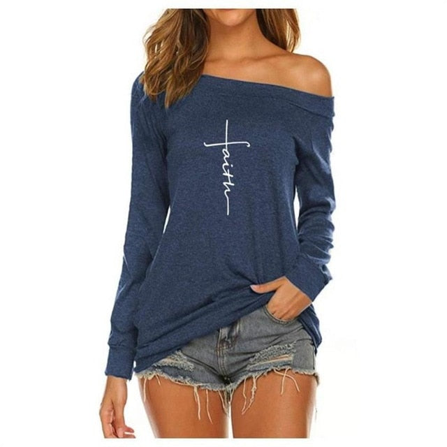 FAITH T-Shirt For Women Long Sleeve Off-The-Shoulder